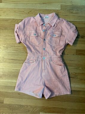 Pink & White Striped Short Sleeve Denim Romper